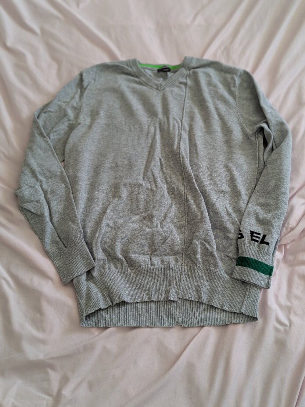 Diesel Gray V-Neck Graphic Sleeve Sweater Size S